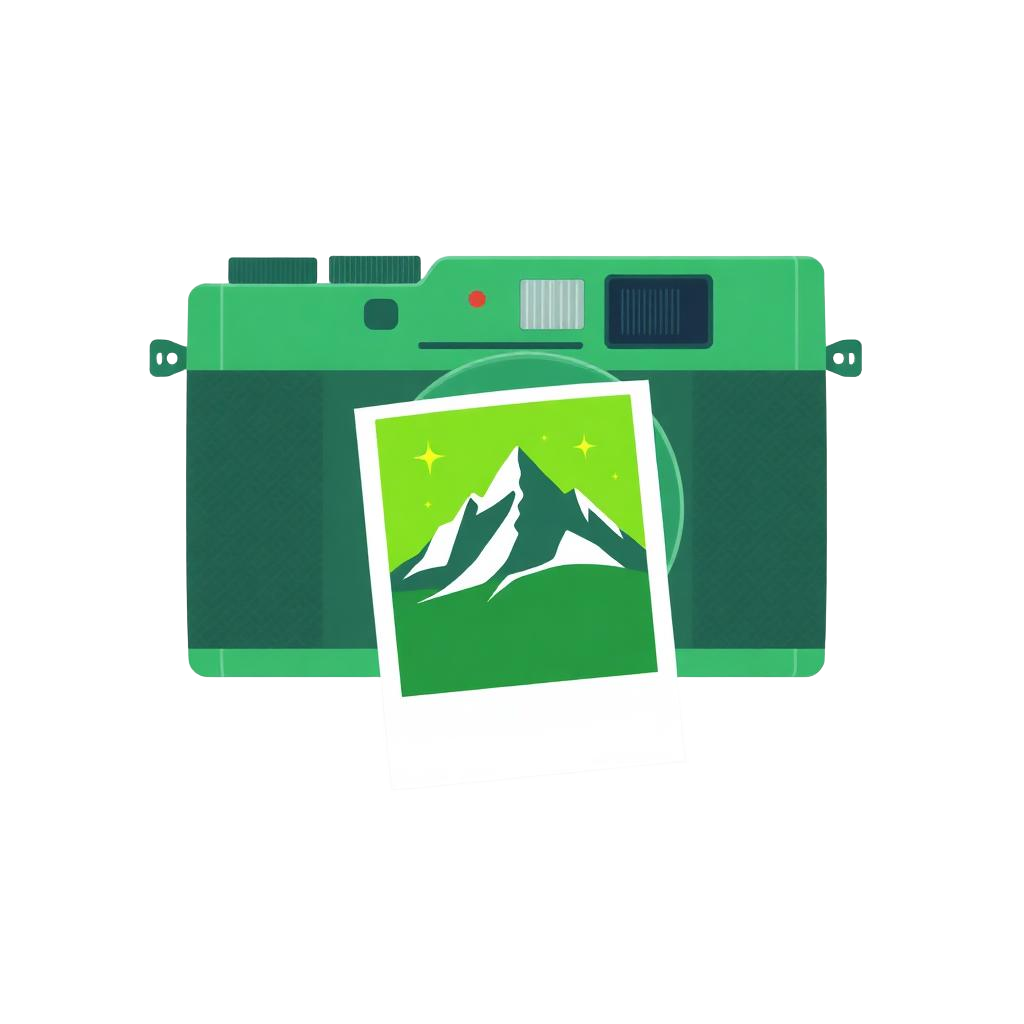 Camera printing a polaroid photo of a mountain