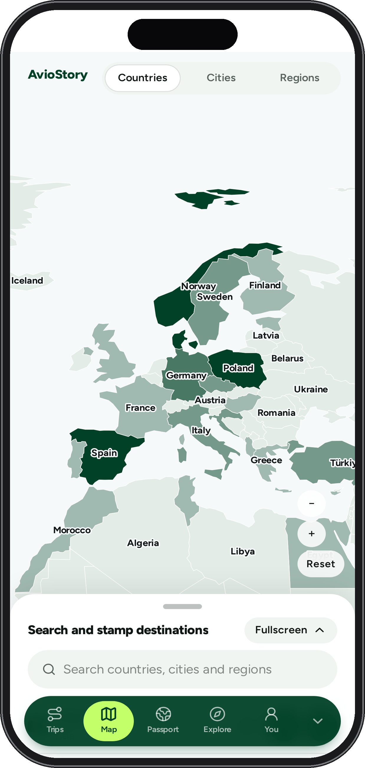 The AvioStory world map with visited countries filled in and country suggestions below